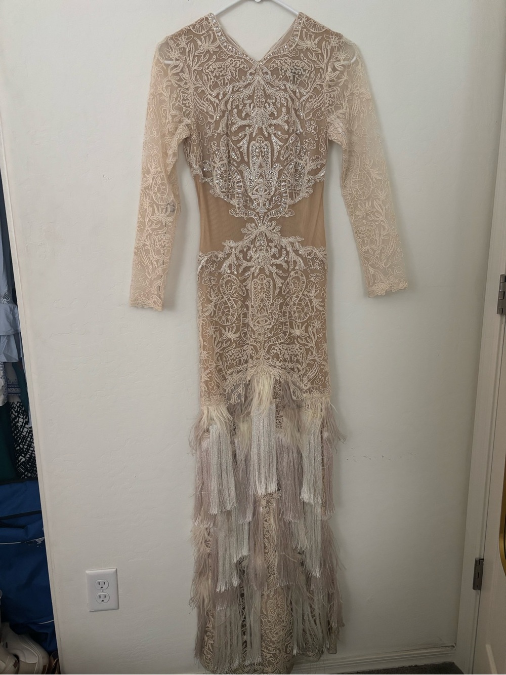 Tadashi Shoji AXH17227LB Beaded Lace Feather Fringe Evening Gown Size 0
